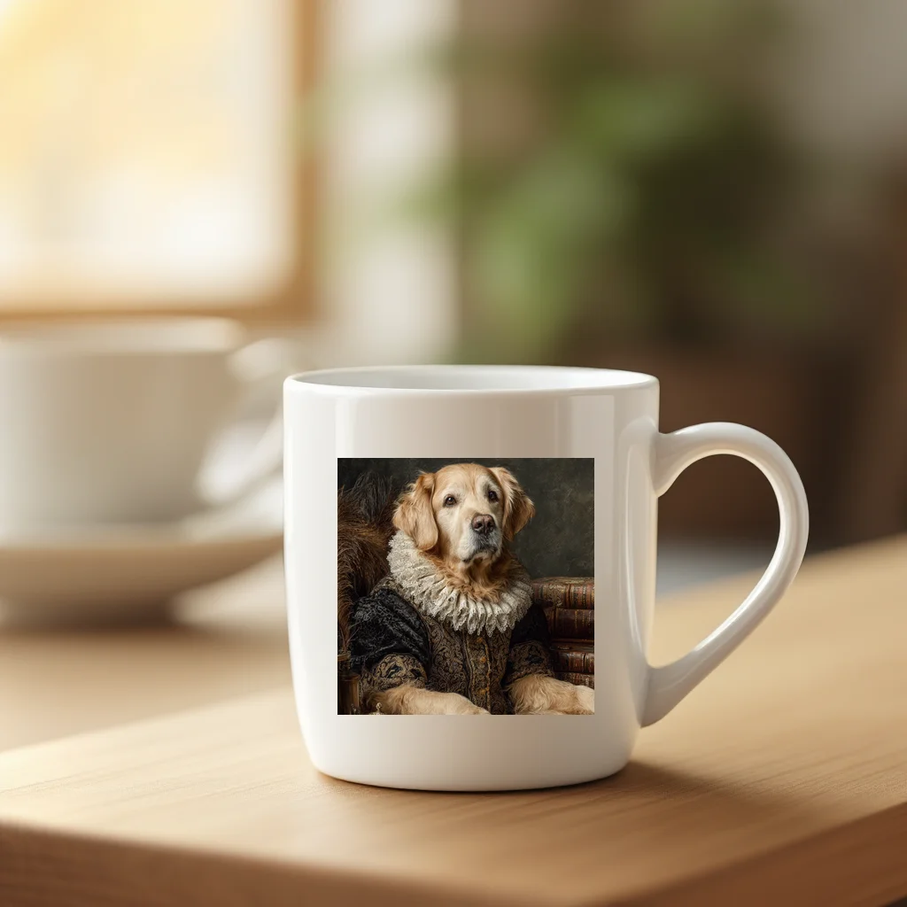 Renaissance golden retriever portrait on a mug